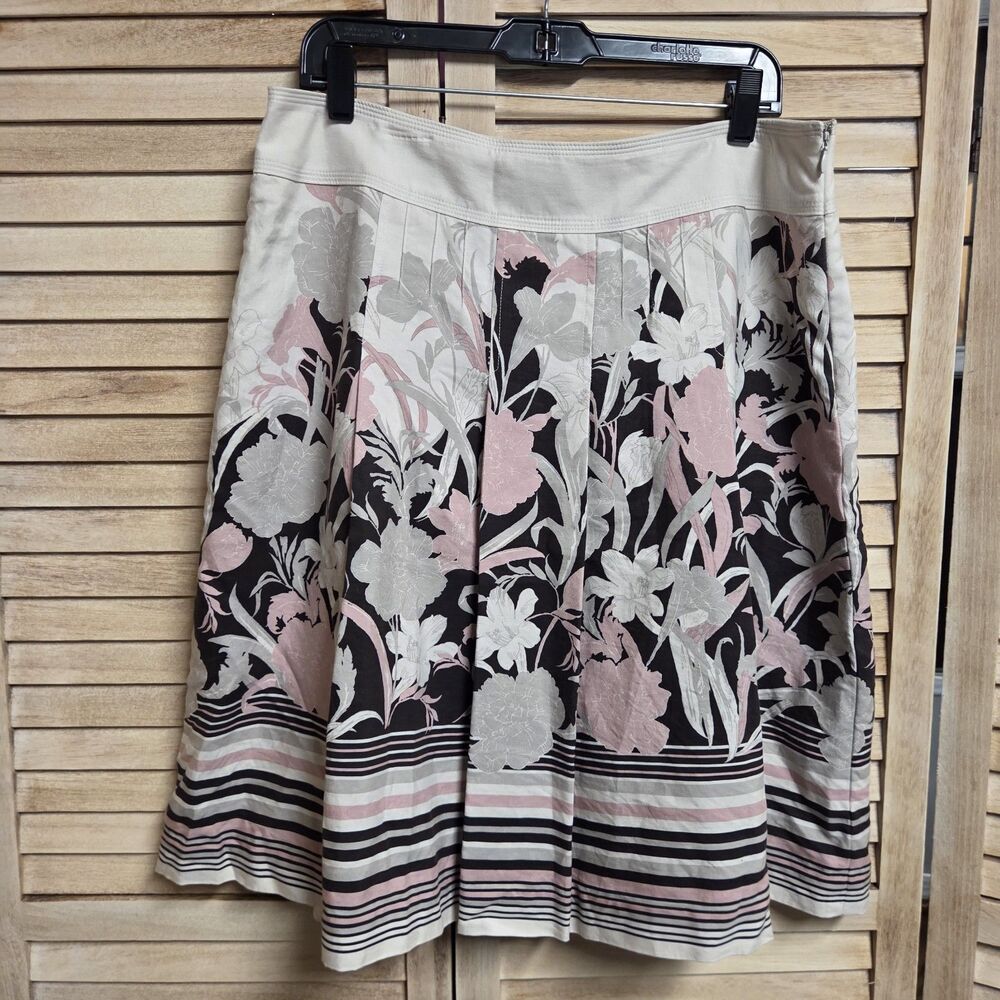 Ann Taylor Womens Skirt A-Line Floral Box Pleats Size 14 Silk Blend Tan Pink
